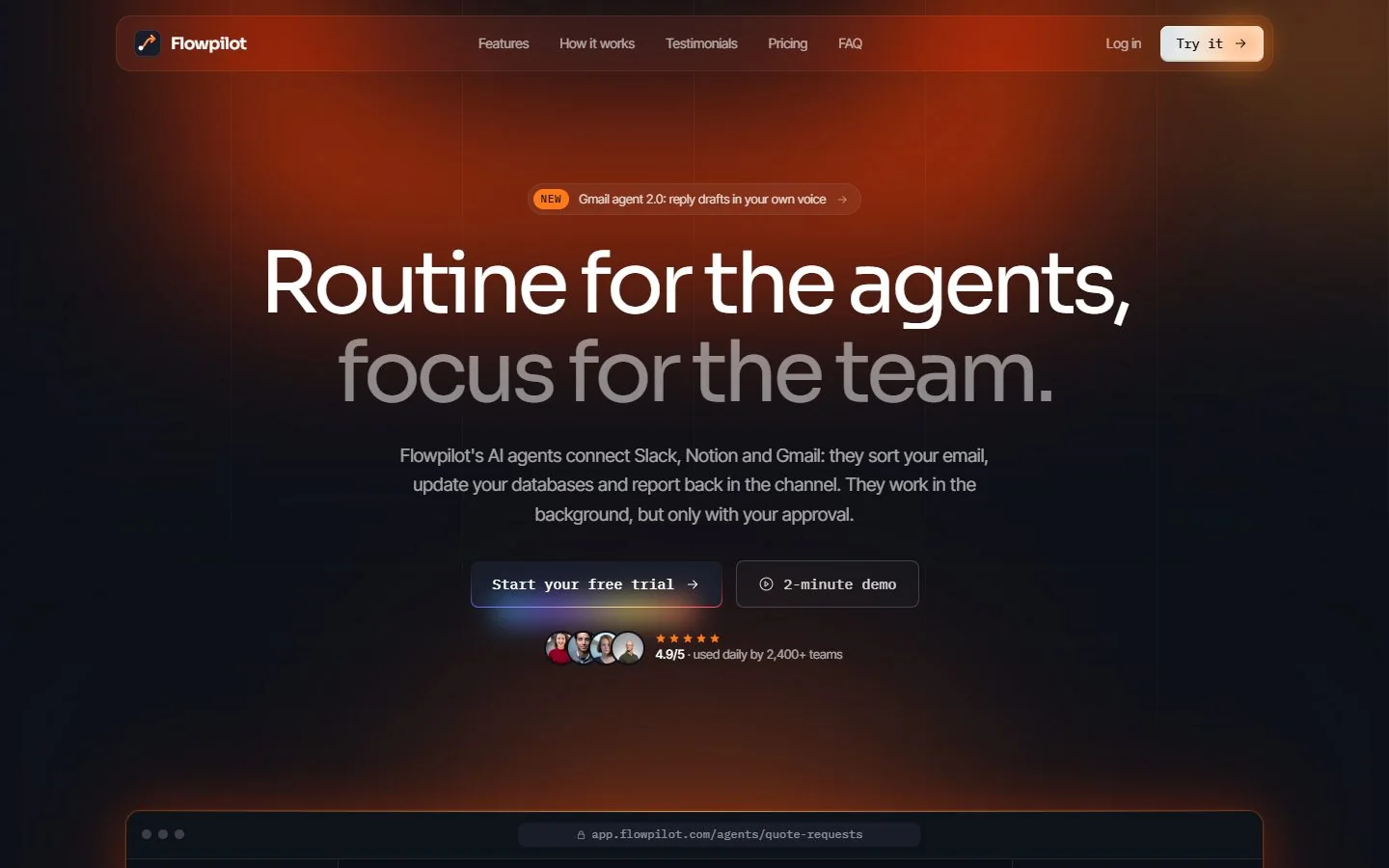 The same page built with the skill: dark canvas, sculpted glow, giant tight headline, product mockup.
